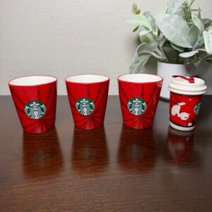 Starbucks Holiday Espresso Cup Set of 3 and 2011 Fox Coffee Cup Ornament Red